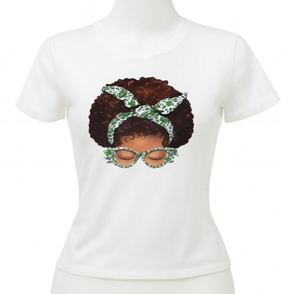 St Patrick Day Shamrock, Afro Messy Bun Custom Made T-Shirt - NWT